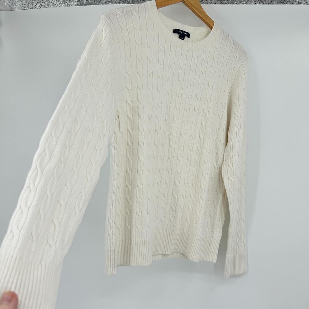 Lands End Cream Cable Knit Fisherman Sweater Womens L Preppy 90s Old Money